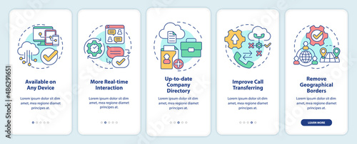 UCaaS benefits onboarding mobile app screen. Business process walkthrough 5 steps graphic instructions pages with linear concepts. UI, UX, GUI template. Myriad Pro-Bold, Regular fonts used