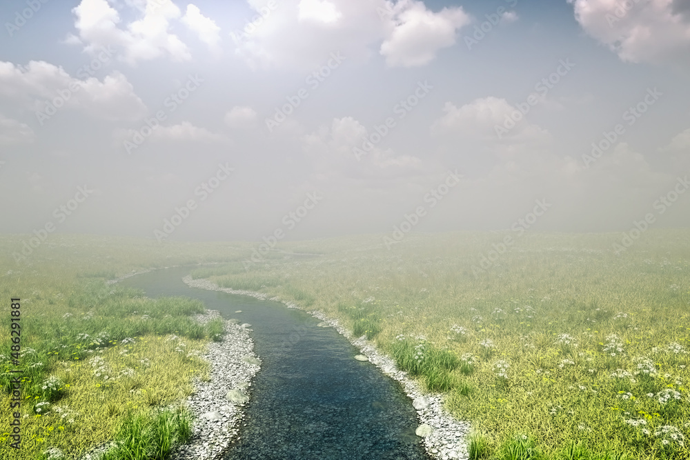 Little river in misty rolling countryside in spring under a blue cloudy sky. 3D render.