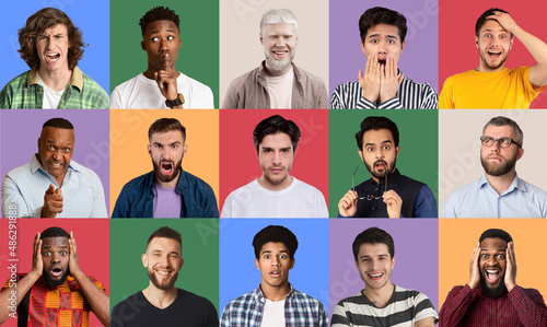 Collage of diverse men expressing different emotions on colorful backgrounds © Prostock-studio