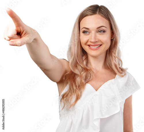 Wallpaper Mural Young woman pointing at your product isolated on white background Torontodigital.ca
