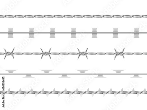 Realistic barbed wire collection vector illustration. Set twisted industrial metal cord with spikes