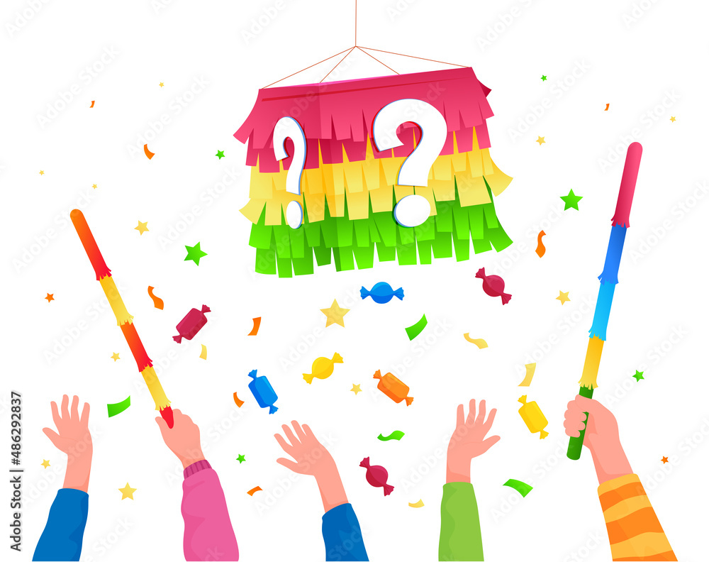 Children hands beat pinata use sticks surrounded by falling candy and colored confetti vector
