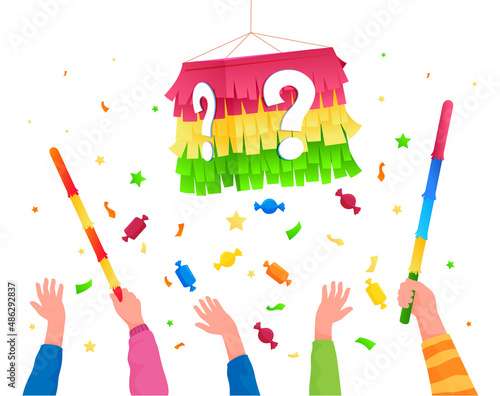 Children hands beat pinata use sticks surrounded by falling candy and colored confetti vector