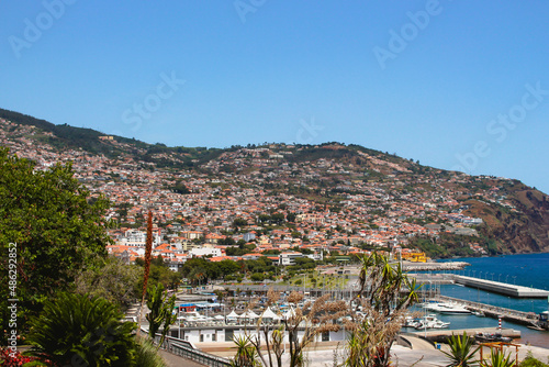 View of the landscape, hills and beach of Funchal town, Madeira, Portugal.