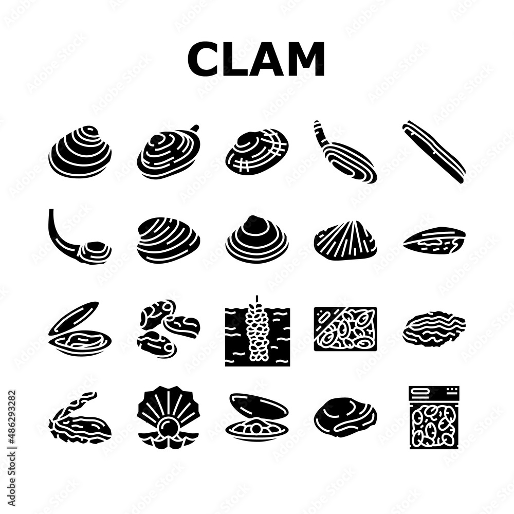 Clam Marine Sea Farm Nutrition Icons Set Vector. Ocean Quahog And Surf Clam, Pearl Oyster Shell And Mussel, Donax And Pacific Geoduck . Seafood Delicious Nutrient Glyph Pictograms Black Illustrations