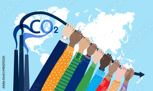 The joint efforts of all the diverse people on planet of different countries, cultures to reduce CO2 gas emissions, carbon footprint, stop climate changes on Earth,  symbolic concept, vector banner