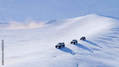 Group of 4x4 off-road vehicles SUV driving on snow slope among snowy arctic desert landscape with snow drifting at heavy snowfall and snowstorm. Winter scene 3D illustration from my 3D rendering file. photo