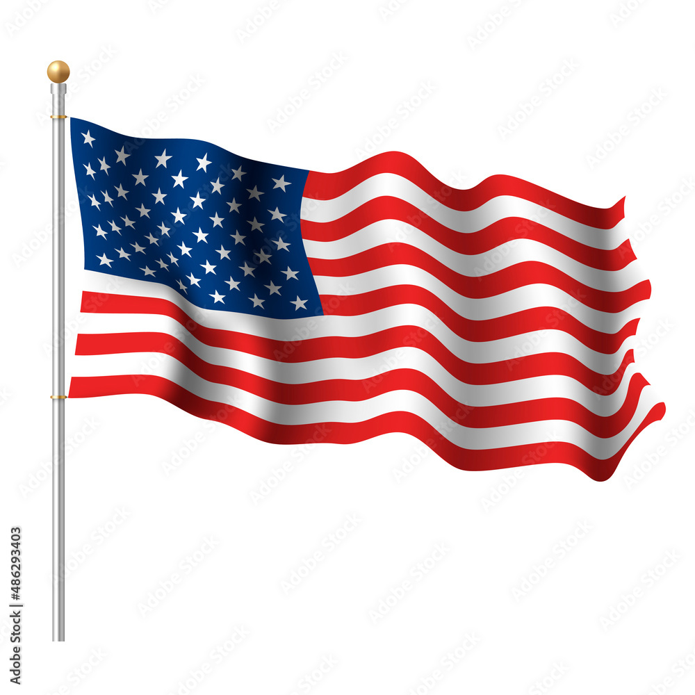 Fototapeta premium Realistic waving United States of America flag on silver metallic stick vector illustration