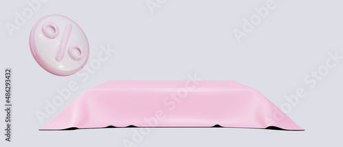 3D cube covered in pink fabric with a discount sign, minimal scene. Showcase for your products. Vector illustration.