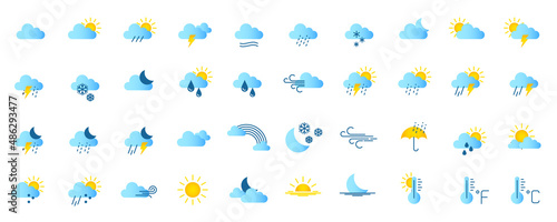 Set of weather icons in line style for web. Weather , clouds, wind, sun day, moon, snowflakes, sunny day