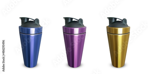 Set sports shakers. Vector illustration isolated from the background. Shaker bottle with black lid for water and protein cocktails.