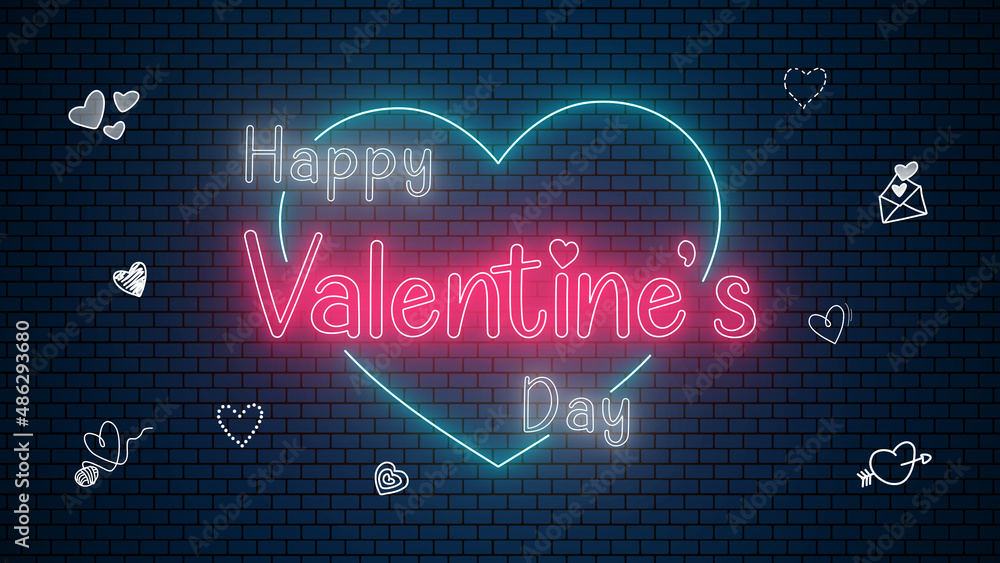 neon lights heart,valentine day and love concept,colorful lights and text,with a dark brick wall background animation loop