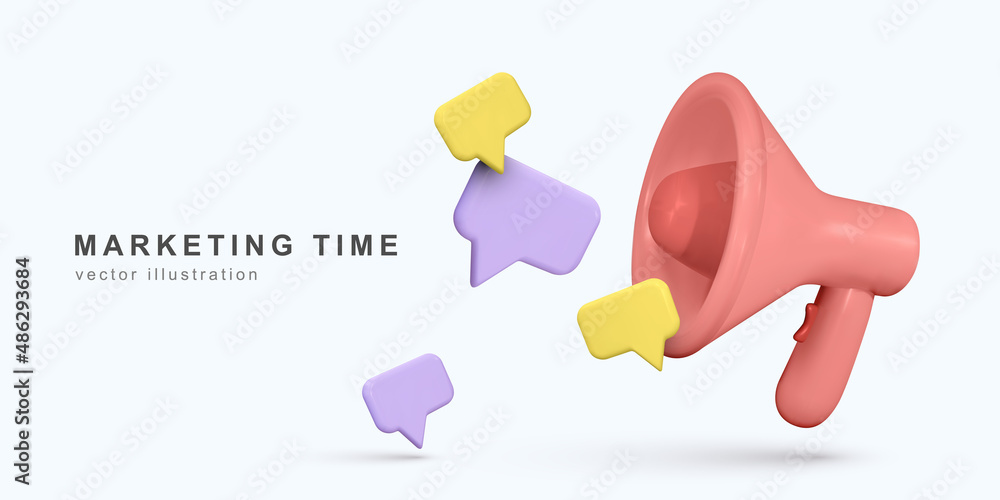 Marketing time concept, realistic 3d megaphone, loudspeaker. Vector illustration. Marketing time concept, realistic 3d megaphone, loudspeaker. Vector illustration.