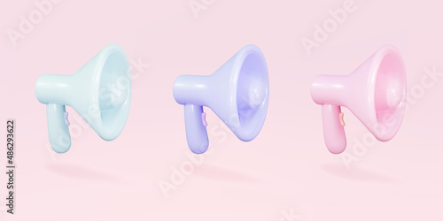 Realistic set 3d megaphones, loudspeakers on pink background. Vector illustration.