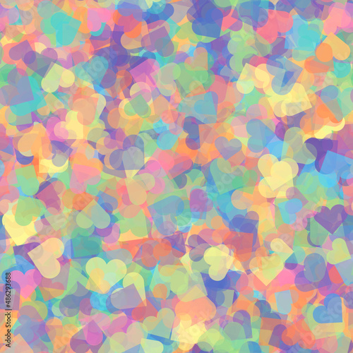 Seamless pattern background from random colored transparent hearts 360 angle rotated.