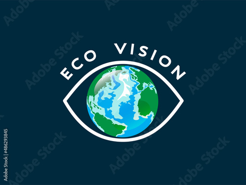 Isolated white outline icon of an eye with colored Earth planet in place of the iris, abstract concept of global eco vision. Symbol at dark blue background. Ecological safety strategy for the world