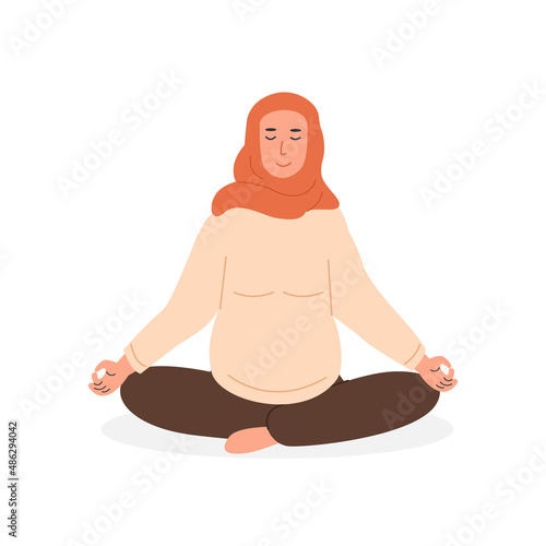 Pregnant muslim woman meditating. Prenatal yoga. Modern liberal arab mom in hijab sitting with legs crossed practicing meditation. Relaxing exercise during pregnancy. Flat style vector illustration.