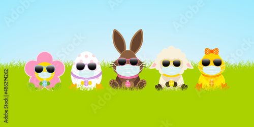 Osterhase & Freunde Mit Ente Maske Sonnenbrille Wiese Himmel
