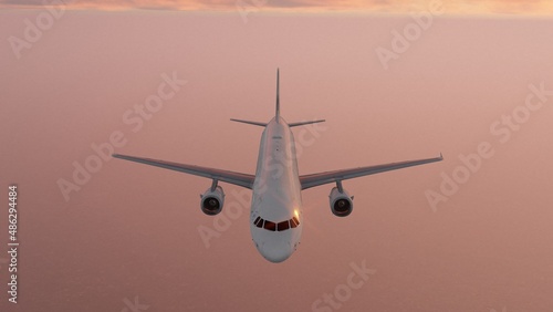 In the evening the plane flies in the open sea. The sun shines over the liner in the ocean bay. Aerial walk through the beautiful seascapes. 3D visualization	
