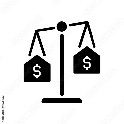 House comparables black glyph icon. Similar condition homes comparison. Real estate evaluation. Property sale. Silhouette symbol on white space. Solid pictogram. Vector isolated illustration