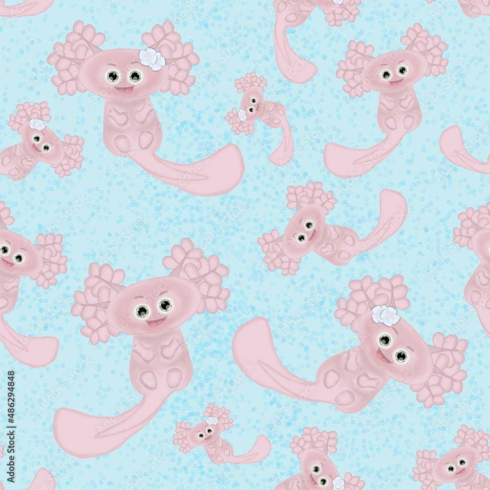 Axolotl Seifenblasen nahtloses Muster mit Blumen