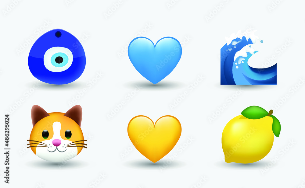 6 Emoticon isolated on White Background. Isolated Vector Illustration. Fatima eye, Evil eye protection signs, wave, yellow and blue heart, cat, lemon vector emoji illustration. 3d Illustration set. 