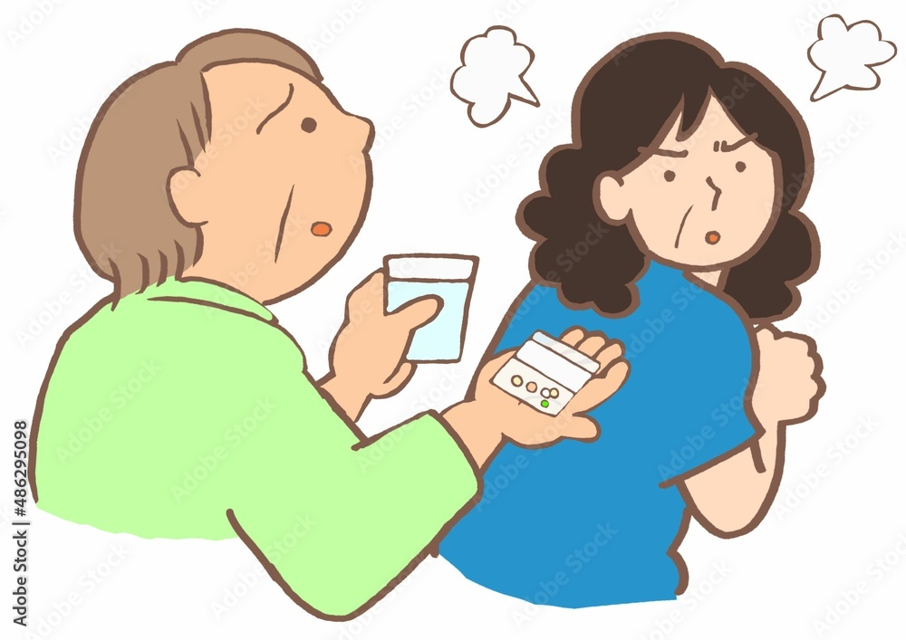 内服をすすめる家族と拒薬する統合失調症の女性のイラスト 内服をすすめる家族と拒薬する統合失調症の女性のイラスト