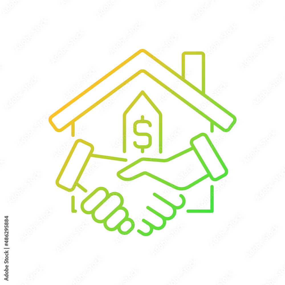 Closing gradient linear vector icon. Property transfer from seller to buyer. Real estate transaction. Buy house. Thin line color symbol. Modern style pictogram. Vector isolated outline drawing Closing gradient linear vector icon. Property transfer from seller to buyer. Real estate transaction. Buy house. Thin line color symbol. Modern style pictogram. Vector isolated outline drawing