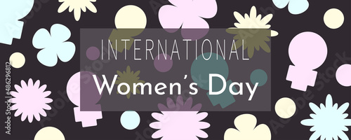 Background with female sign, flowers and bubbles. Female icon. International Women's Day. Movement for Women's Rights. Feminist concept. Vector flat cartoon illustration for card, banner, flyer