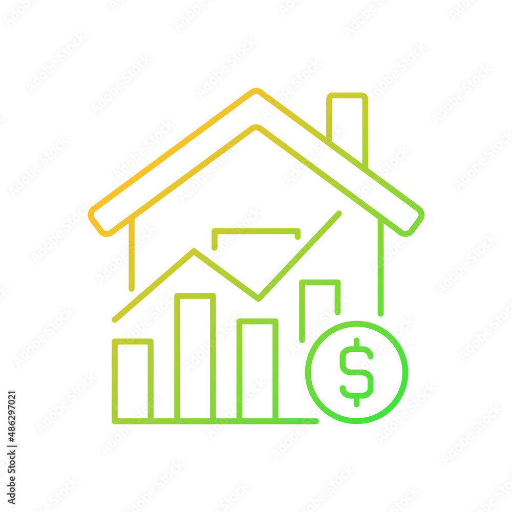 House market prices gradient linear vector icon. Realty price increasing. Real estate purchasing. Property sale. Thin line color symbol. Modern style pictogram. Vector isolated outline drawing House market prices gradient linear vector icon. Realty price increasing. Real estate purchasing. Property sale. Thin line color symbol. Modern style pictogram. Vector isolated outline drawing