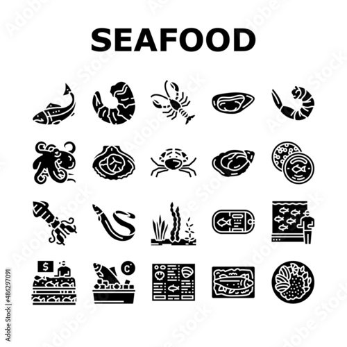 Seafood Cooked Food Dish Menu Icons Set Vector. Shrimp And Shellfish, Oyster And Fish, Crab And Scallops Delicious Seafood . Caviar And Octopus, Lobster And Squid Glyph Pictograms Black Illustrations