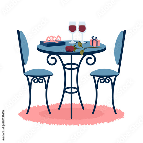 Beautiful  Romantic dinner for two isolated. Romantic setting and decoration. Valentine's day. Vintage table, chairs are standing on carpet, wineglasses, rose, gift boxes. Vector cartoon illustration