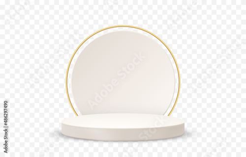 Vector pedestal png. Pedestal with golden circle on isolated transparent background. Podium for advertising, podium for products. PNG.