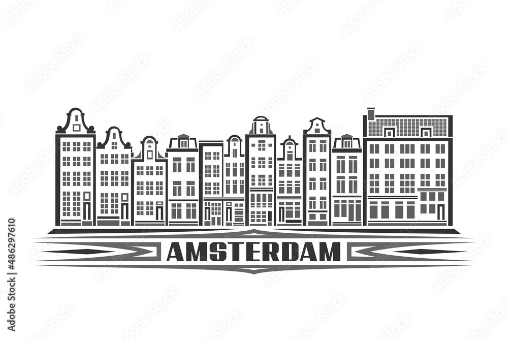 Vector illustration of Amsterdam, monochrome horizontal poster with linear design amsterdam city scape, urban line art concept with decorative lettering for black word amsterdam on white background