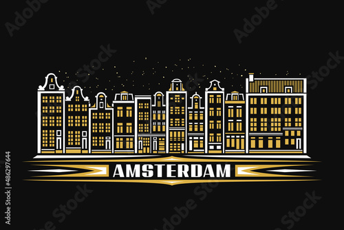 Vector illustration of Amsterdam, dark horizontal poster with linear design famous amsterdam city scape on dusk sky background, urban line art concept with decorative lettering for word amsterdam