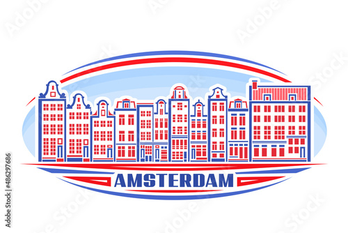 Vector illustration of Amsterdam, horizontal label with linear design european amsterdam city scape on day sky background, historical urban line art concept with decorative letters for word amsterdam