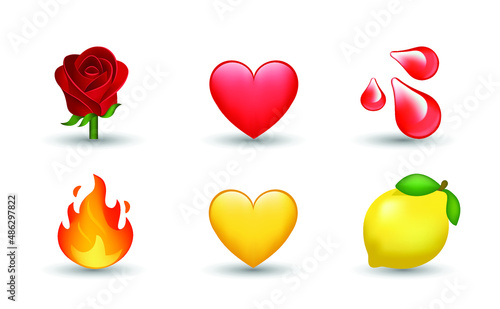6 Emoticon isolated on White Background. Isolated Vector Illustration. Red rose, blood drop, yellow and red heart, flame, lemon vector emoji illustration. 3d Illustration set.