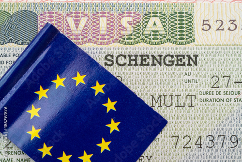 Photography Close-up of Schengen visa with flag of EU