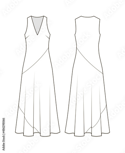 Fashion technical drawing of sleeveless V-neckline dress