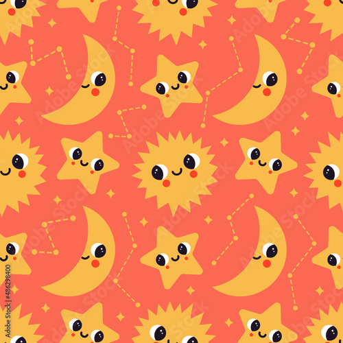 Vector seamless pattern with cute abstract sun, star, constellation and half moon characters. Background with fun space and sky elements. Can be used for textile, wrapping paper, wallpaper for nursery