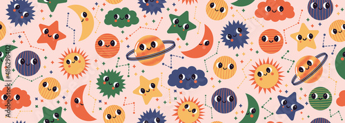 Vector seamless banner with cute abstract sun, star, planet, constellation and half moon characters. Background with space and sky elements. Cosmos pattern with cartoon illustrations