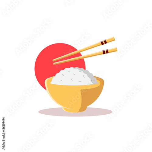 Rice Bowl with Chopsticks Flat Illustration. Clean Icon Element Design with Shadow on Isolated White Background