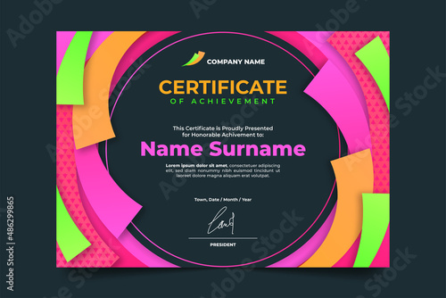 Certificate with Colorful Twisted Layered Abstract Shape Frame