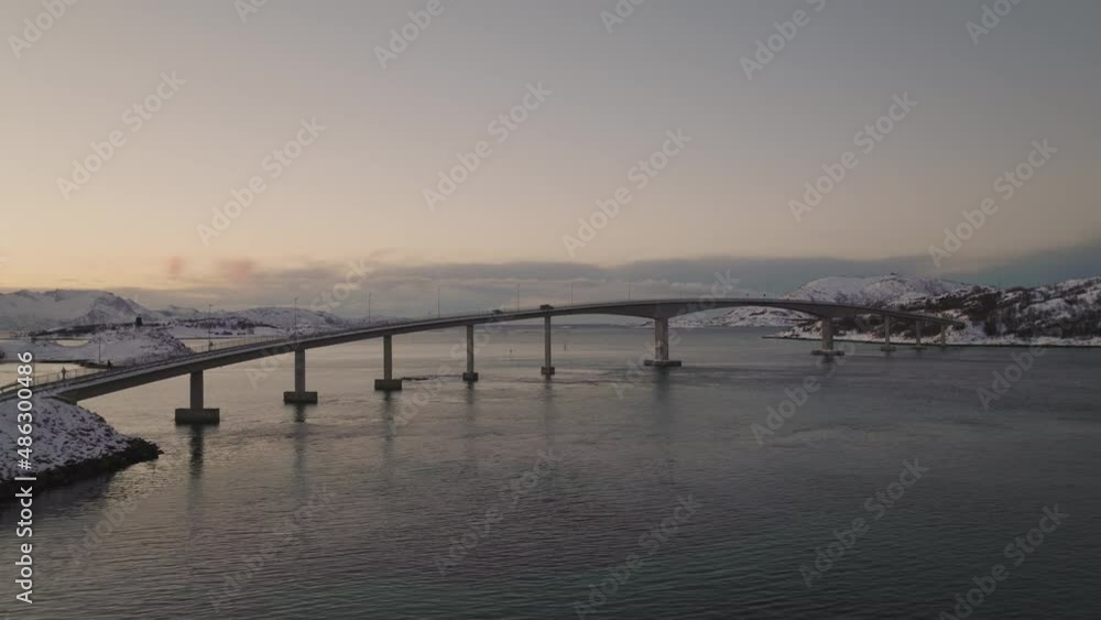 Aerial view of Sommaroy Bridge in Norway. Cantilever bridge over water Aerial view of Sommaroy Bridge in Norway. Cantilever bridge over water