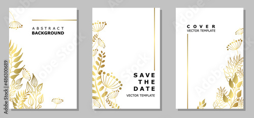 Set of templates with golden leaves and twigs on a white background. Group of vertical covers with space for text. Vector illustration.