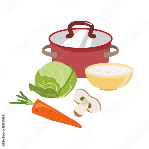 Red saucepan with copper lid. Ingredients for the preparation soup and a bowl of oatmeal. abbage, carrots, half of shumpinion. Icon for the Easter theme. Dietary food for Lent. © daga5