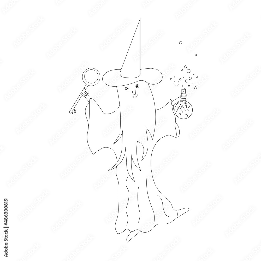 Alchemist with a flask and a key in his hand. Monochrome outline cartoons sketch for coloring book stock vector illustration