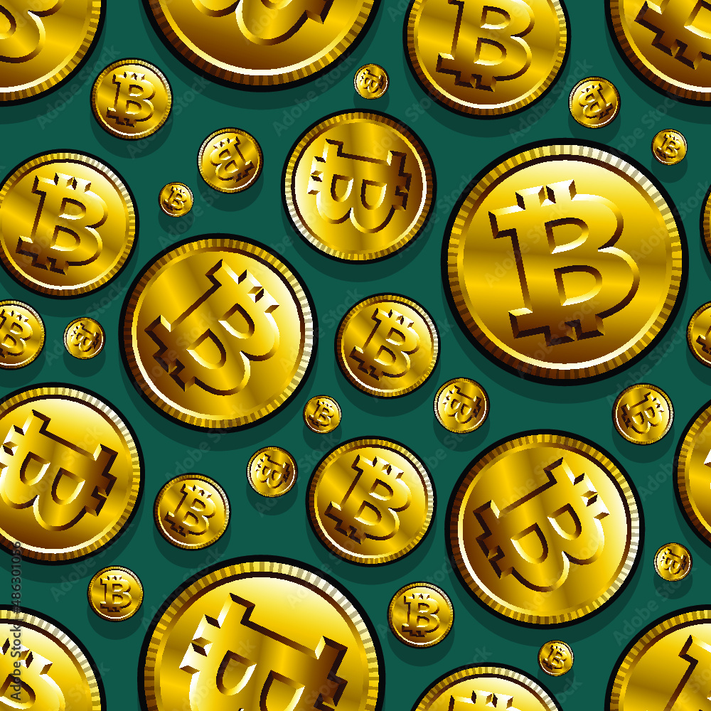 Printable seamless vector pattern of digital bitcoin crypto currency symbols.