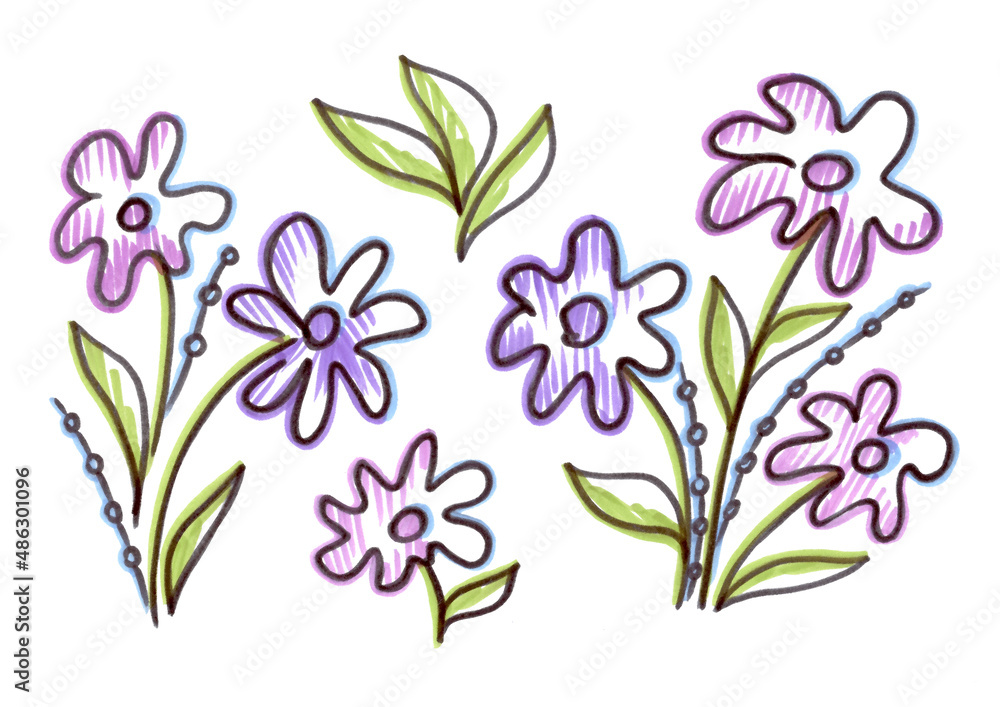 Set violet flower and green leave. Provence illustration