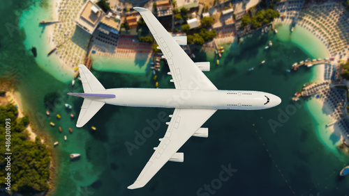 Airplane fly above beautiful nature landscape island, Tourism destination, Background for banner summer holiday vacation travel trip photo